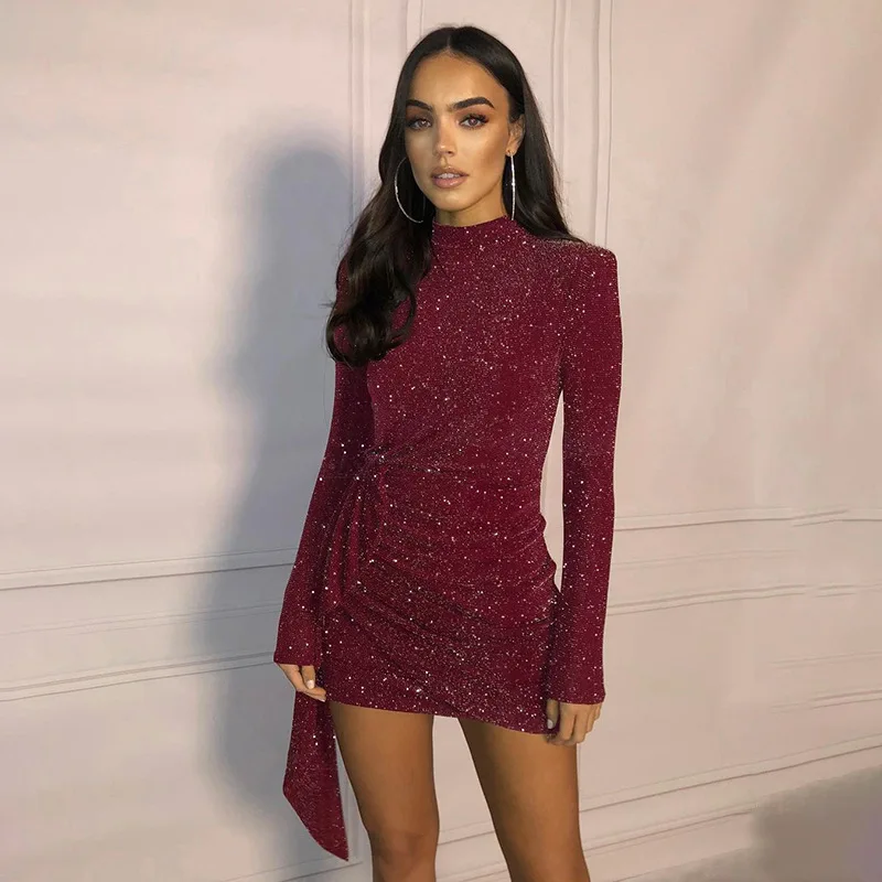 YJ21089 Наплечные накладки с люрексом женское платье длинным рукавом коллекция 2021