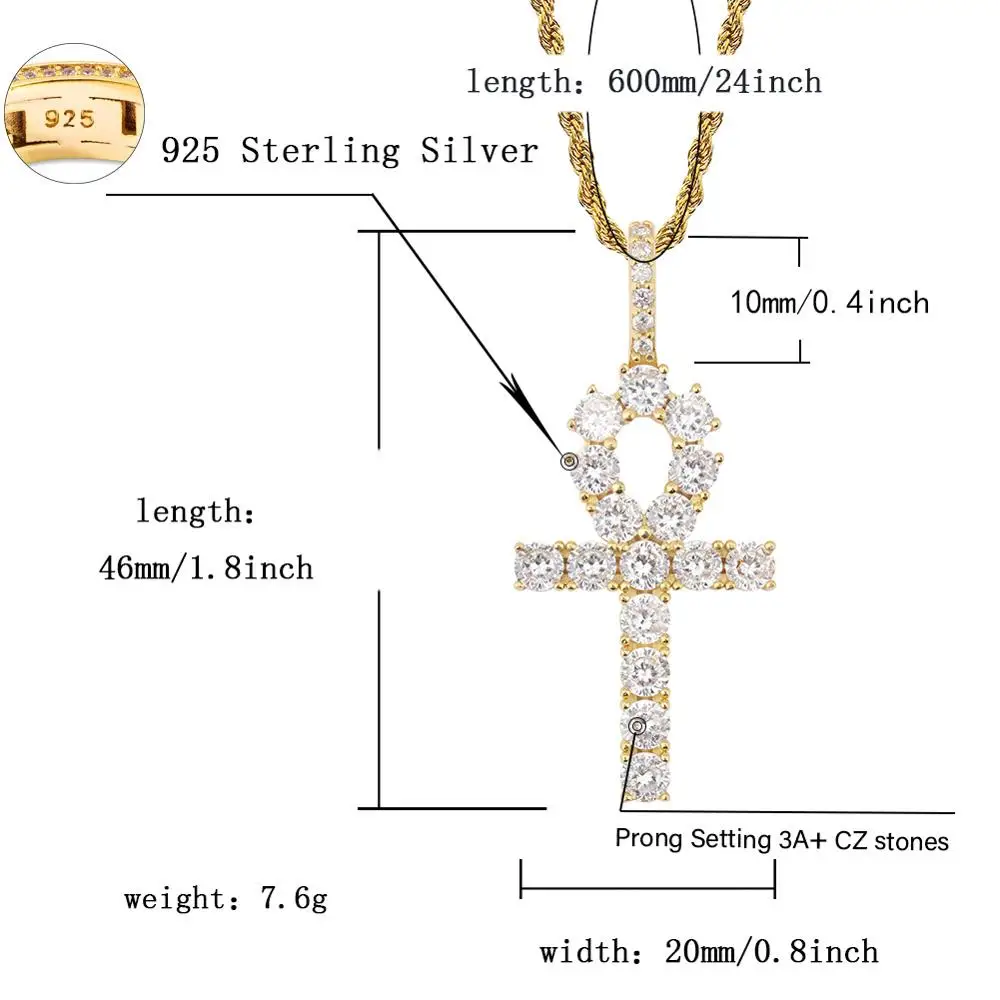 

GUCY New Solid Back Hip Hop Jewelry 925 Sterling Silver Cross Pendant Necklace Micro Pave AAA+ Cubic Zirconia Stones For Gift