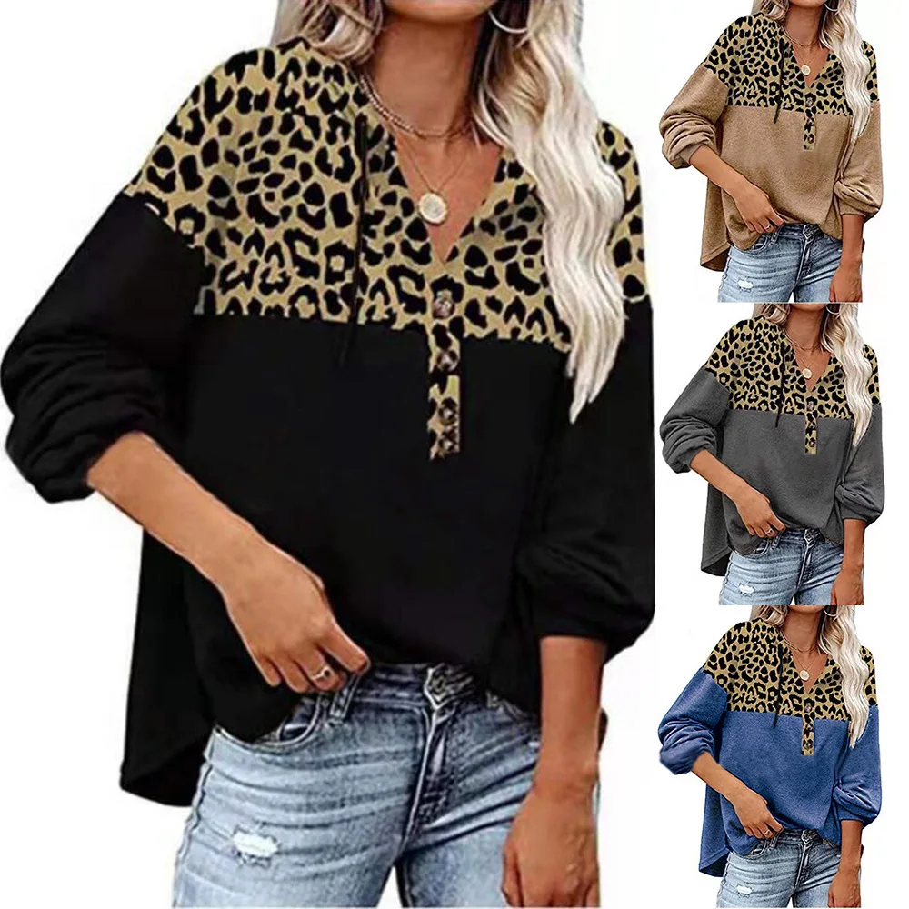 Women's 2021 autumn and winter leopard print stitching loose casual long-sleeved hooded sweater printing sweatshirt women
