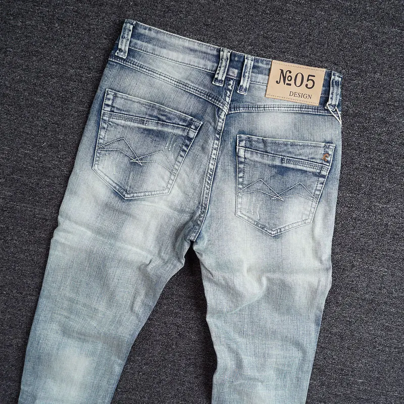 Korean Style Fashion Men Jeans Retro Light Blue Elastic Slim Fit Ripped Jeans Men Embroidery Designer Casual Denim Pencil Pants