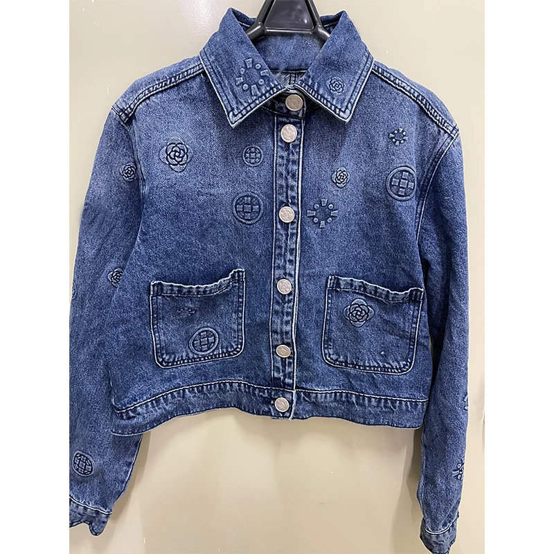 

High Fashion Blue White Lapel Long Sleeve Denim Jacket Fashion Casual Single Breasted Women Spring Fall Designer Clothes 2021