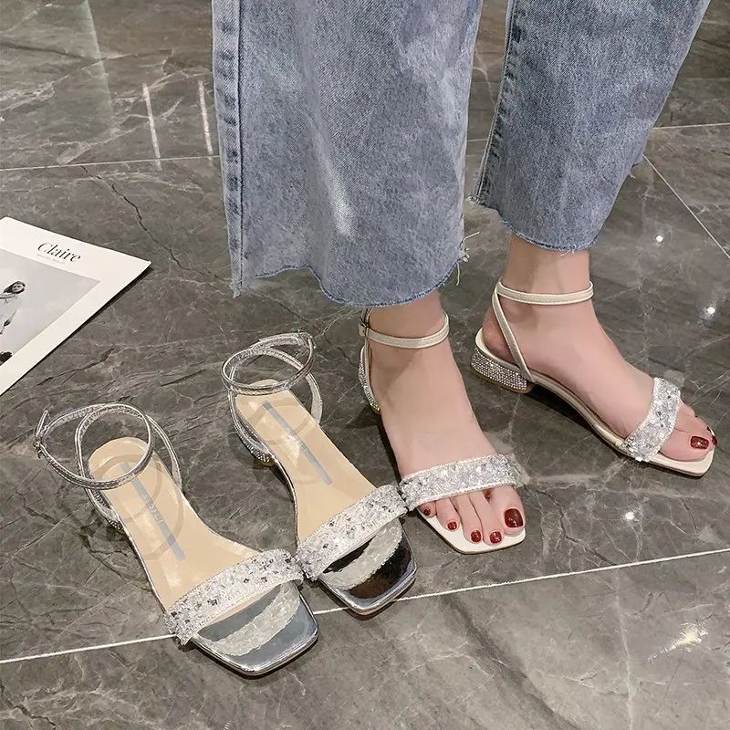 

Open Toe Beige Heeled Sandals 2021 Women's Female Shoe All-Match Buckle Strap Peep Black Block New Comfort Girls Clear Rhineston