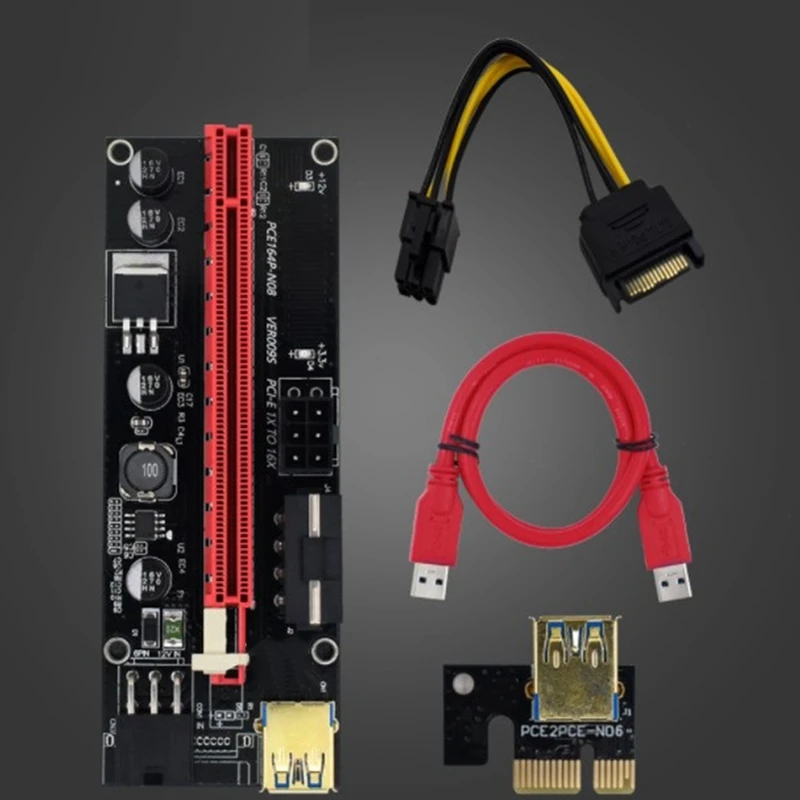 5 шт. 3 в 1 Райзер-карта PCI-E 009S PCIE PCI E Extender USB 0 SATA к 6Pin адаптеру кабель Майнинг Майнер
