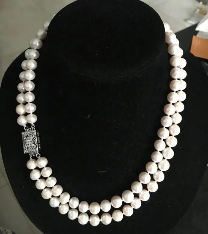 

Double Strands9-10mm South Sea round White Pearl Necklace18"19"925s kkk