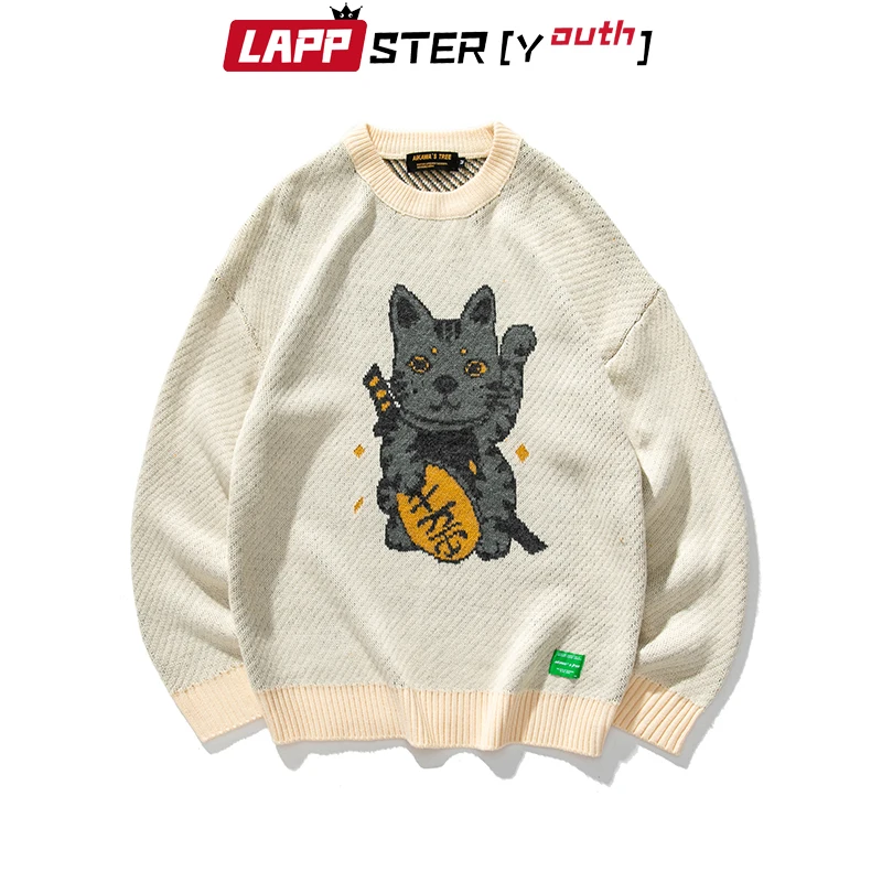 

LAPPSTER-Youth мужской зимний вязаный свитер в стиле Харадзюку с милым котом, пуловер 2021, мужской шерстяной свитер с круглым вырезом в стиле Kpop, оде...