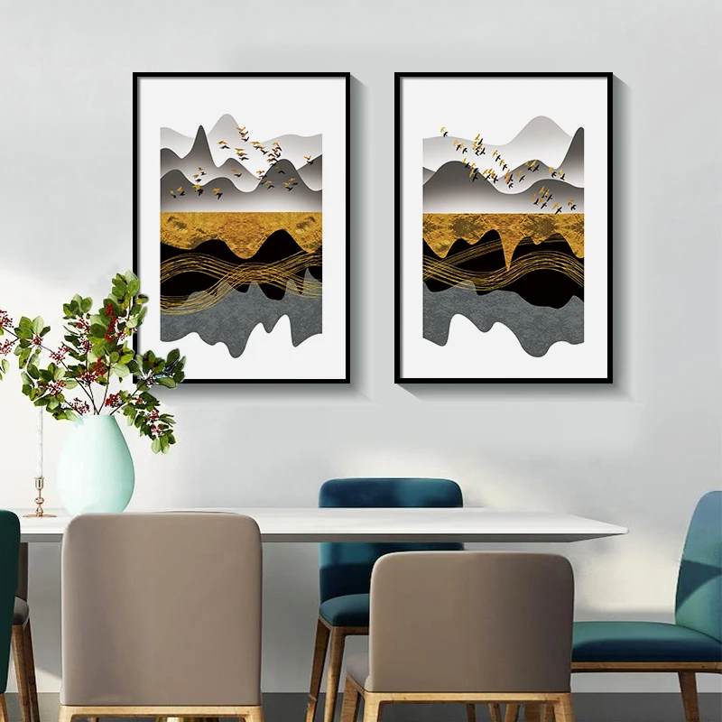 С золотым оленем птицы скандинавские постер с ландшафтом Абстрактная Картина на