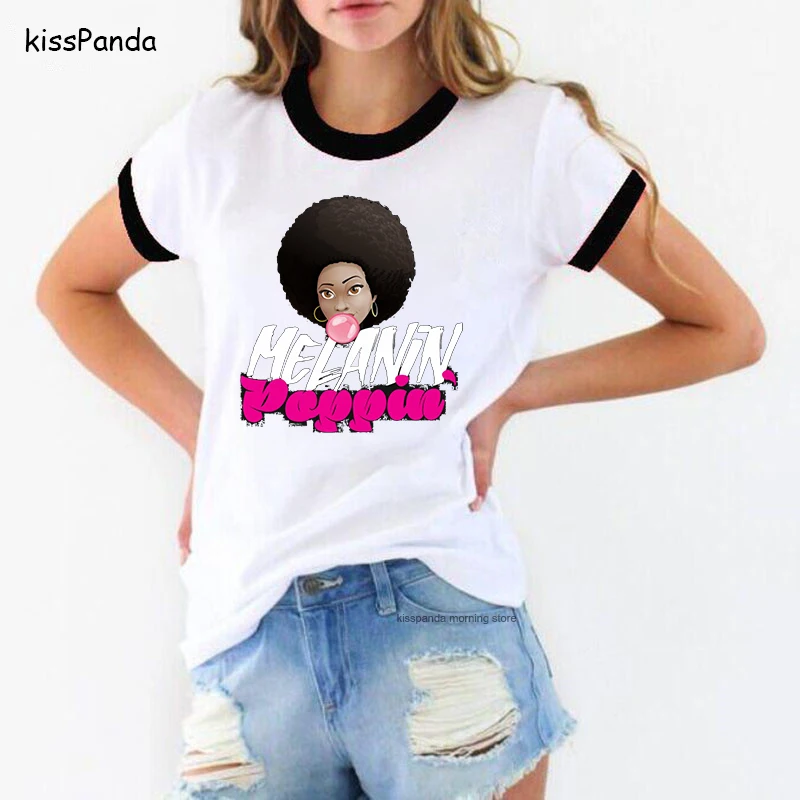 Стильная черная футболка с принтом меланина для девочек футболки Harajuku женщин