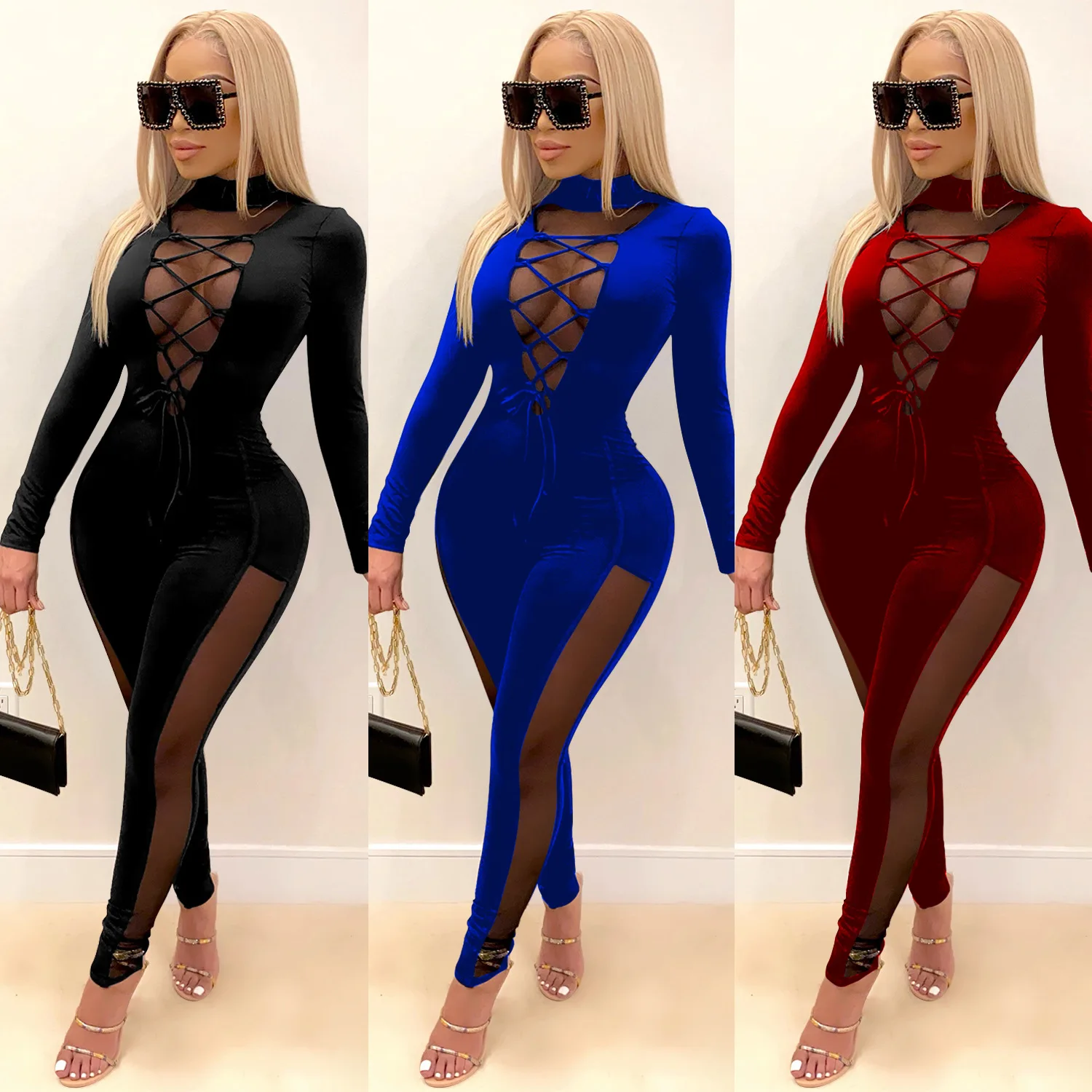 Turtleneck Jumpsuit One Piece Outfit Black Blue Burgundy Party Outfits for Women Club Party Mesh Sexy Jumpsuit Mono Mujer 2021