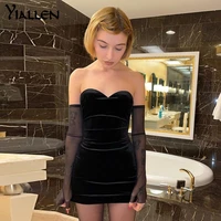 yiallen strapless black velvet bodycon dress with fishnet mesh long sleeve backless night club party mini dresses ladies robe