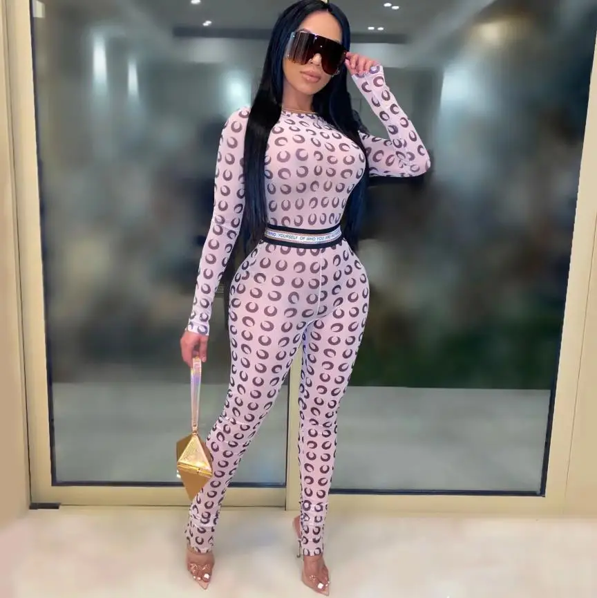 

Autumn Spring Fashion Women Long Sleeve Jumpsuit Mesh Sheer Rompers Women Moon Printing Bodycon Sports Jumpsuit Club Party Suit