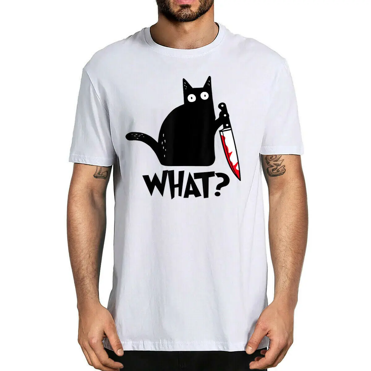 

Cat What Funny Black Cat Shirt Murderous Cat With Knife T-shirt Cat Lovers Shirt O - Collar Four - Season Printed T-shirt