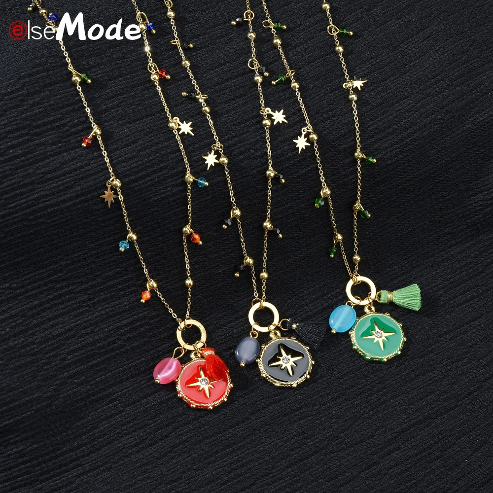 ELSEMODE винтажное Золотое круглое ожерелье с компасом и кисточкой Чокеры фианитами