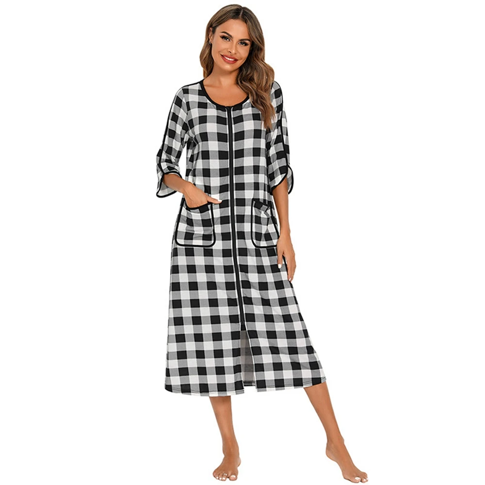 Women Autumn Plaid Zipper Front Robes Long Sleepwear Soft Nightgown Warm Loungewear Maternity Bathrobe Pajamas