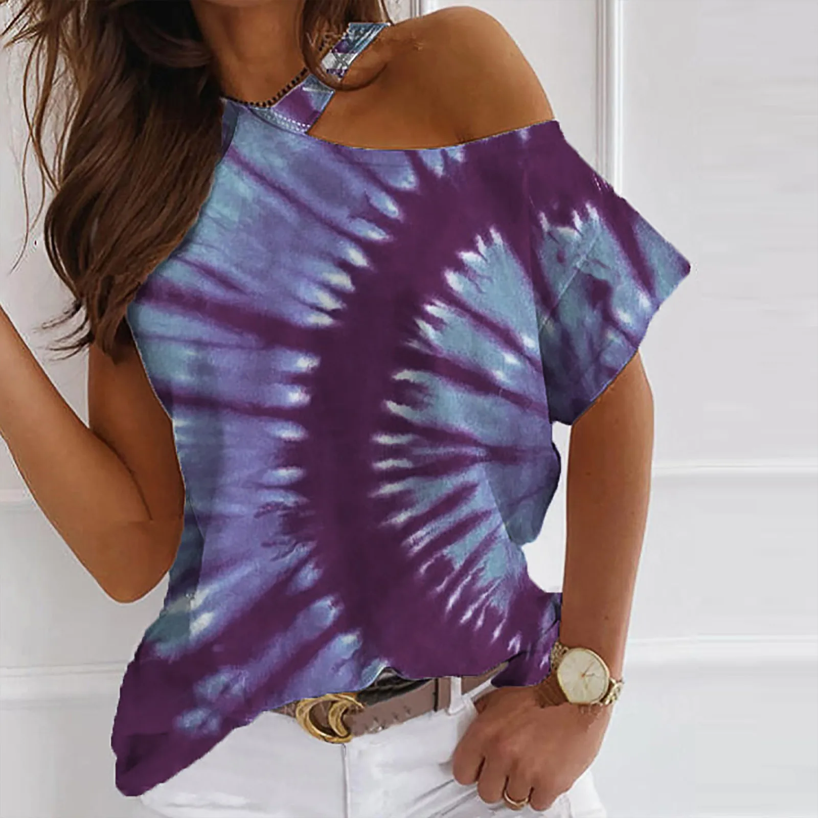 

Fashion Sexy Off Shoulder Summer Tshirt Women Polka Dots Print Casual Short Sleeve O-neck Pullovers Tops Fashion Street Tee 2021