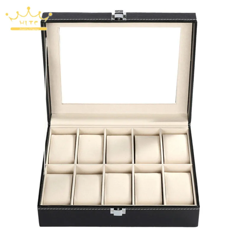 

Коробка для хранения часов, черная кожаная коробка для ювелирных изделий, контейнер для часов, коробка для часов со стеклянным верхом, 10 сло...