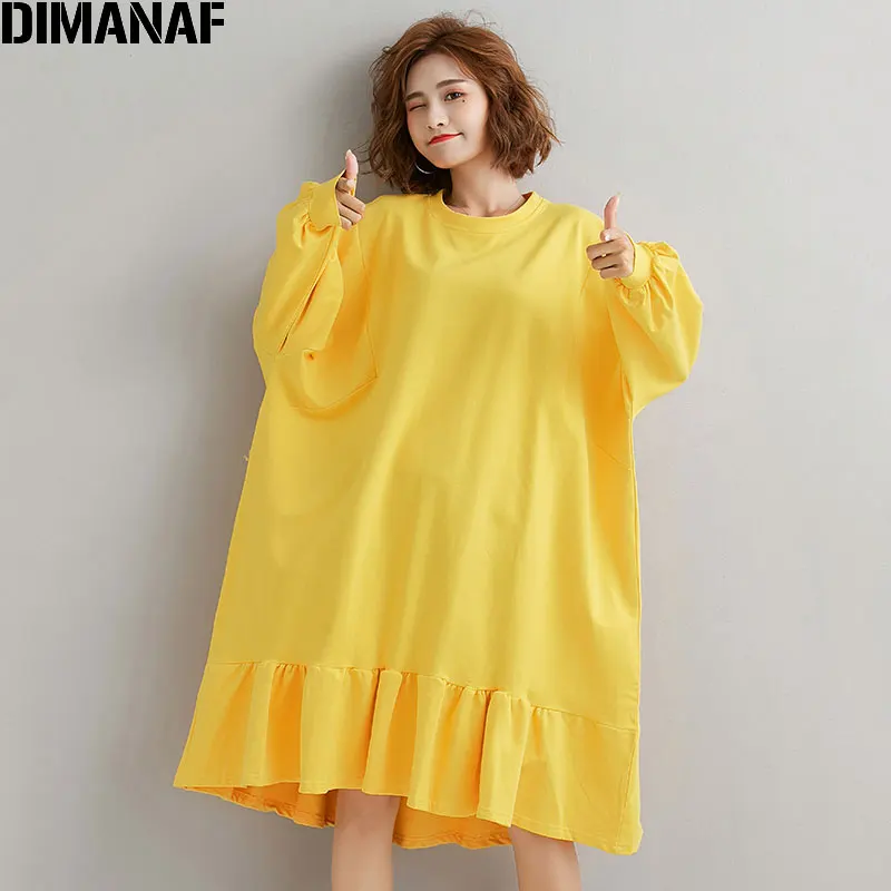 DIMANAF, женское платье размера плюс, Осеннее, Vestidos, модное, с оборками, из хлопка, свободное, женское, с длинным рукавом, платье
