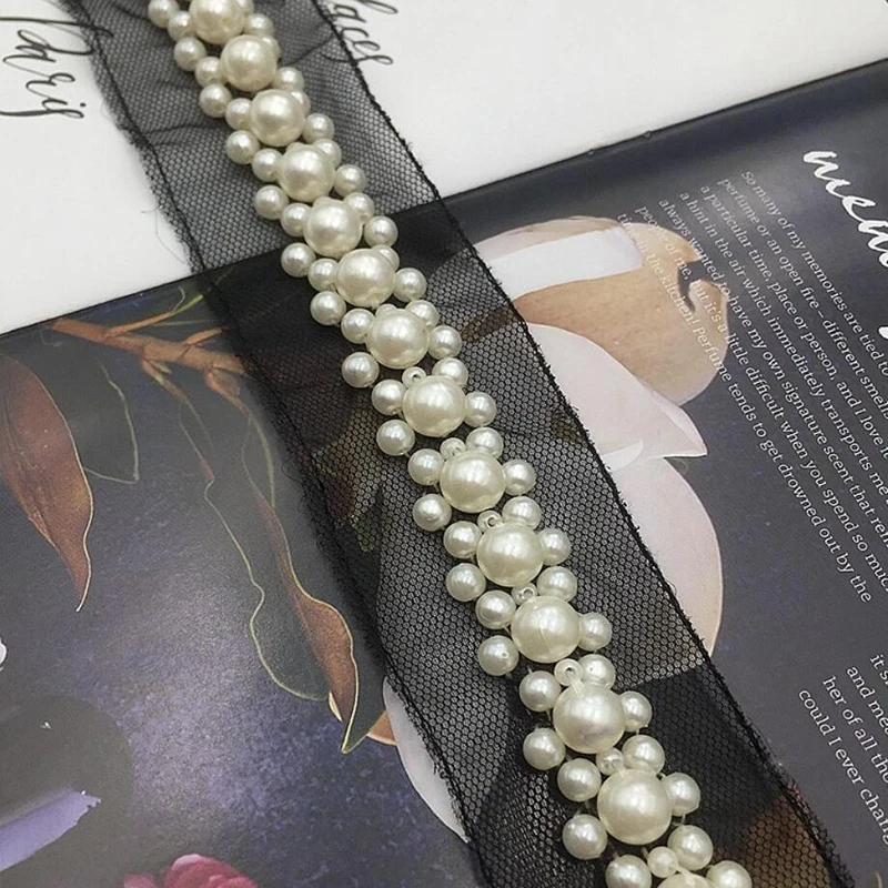 

3Yards Ivory Pearl Lace Fabric Clothing Accessories Collar Black Mesh Lace Diy Handmade Beading Lace Trim Sewing Material New