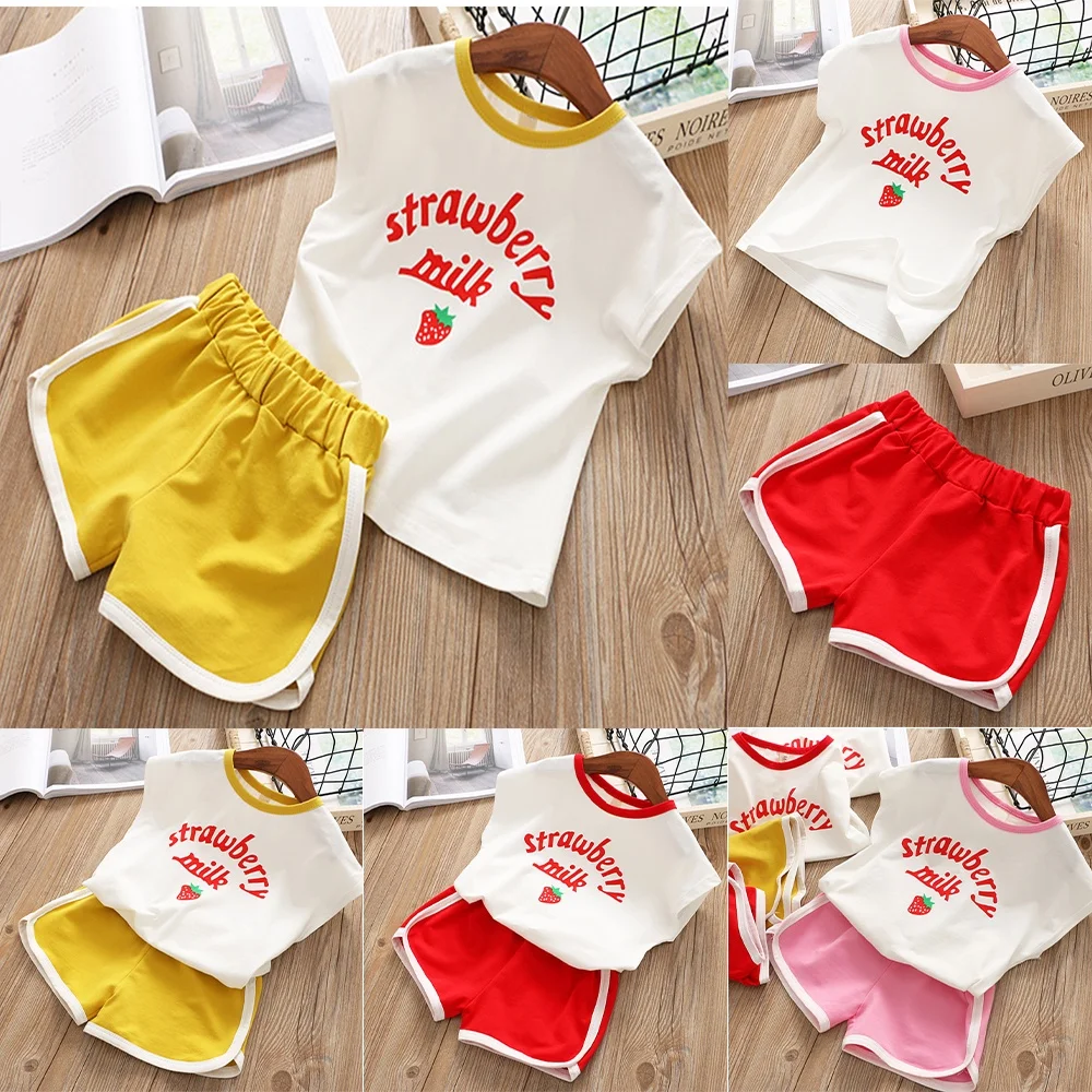

Kid Outfit Strawberry Print Suit Girl Cute Short Sleeve Round Neck Loose Casual