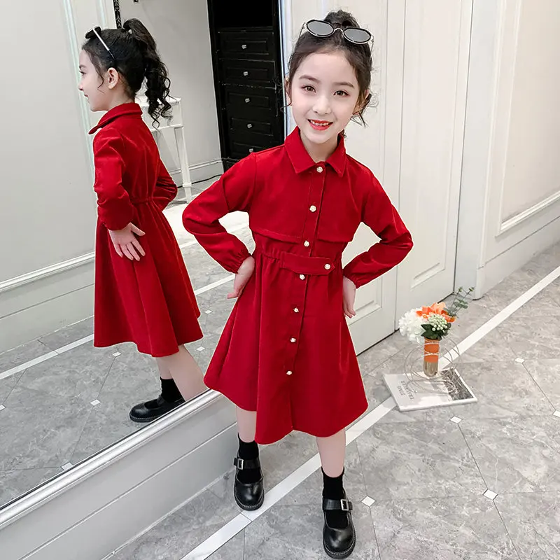 

2021 New Spring Autumn Girls Dresses Children's Clothing Long Sleeve Student Fashion High Waist Red Dress 6 8 10 12 14Years Old