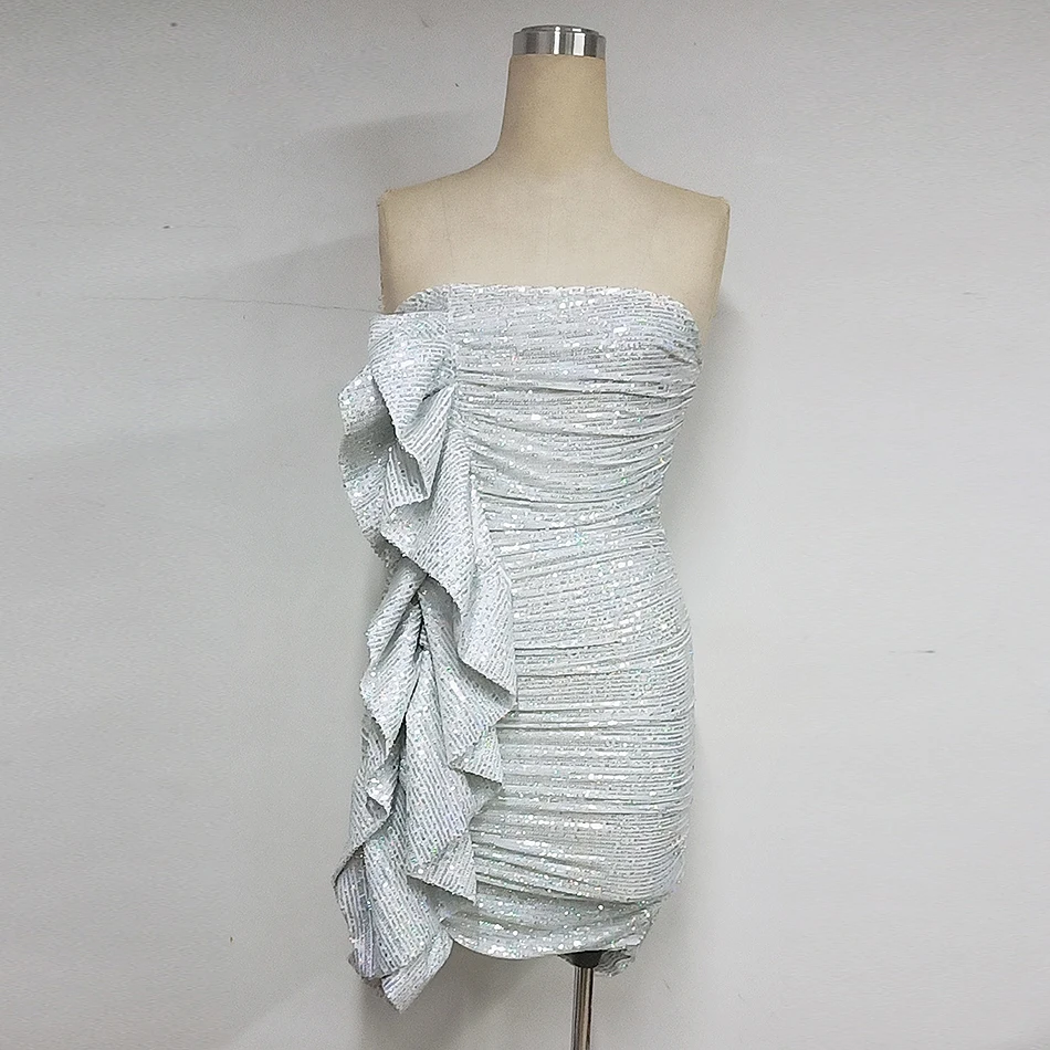 Женское платье без бретелек Liser серебристое мини-платье с оборками облегающее