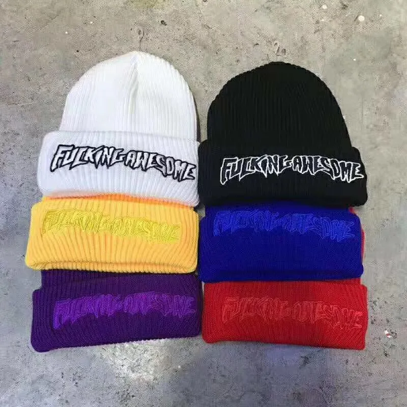 Fxxking Awesome Beanie Winter Hats For Women Ladies Men Acrylic Cap Billie Eilish Bonnet Autumn Knitted Hip hop Embroidery Skull