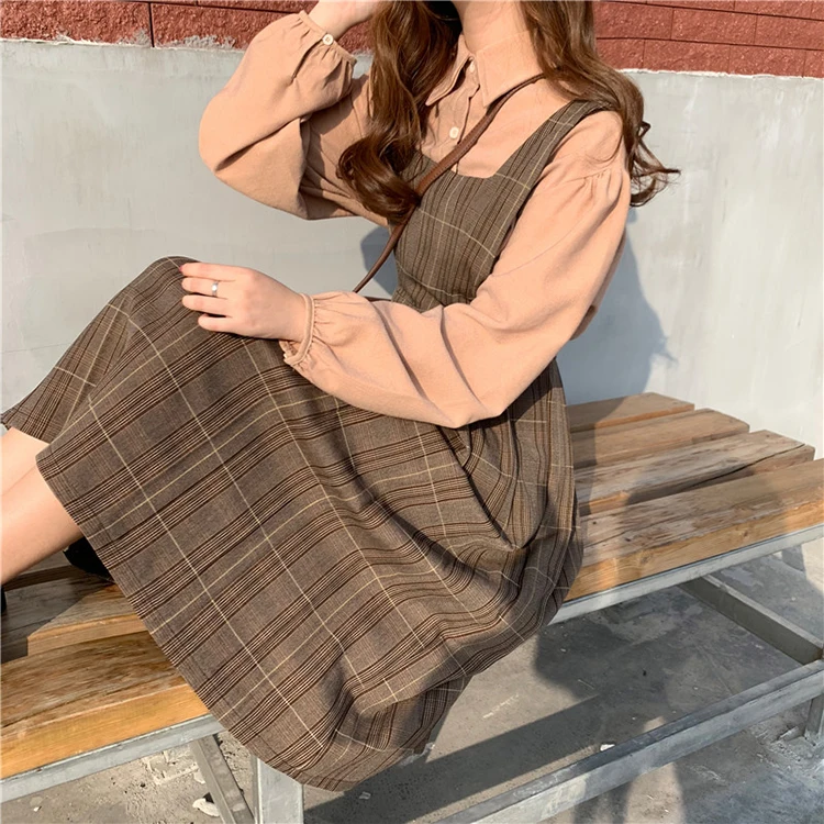 

Women Autumn Vintage Literature High Waist Plaid Janpan Preppy Style Brace Strap A-line Pleated Dress Puff Sleeve Top Shirt 2021