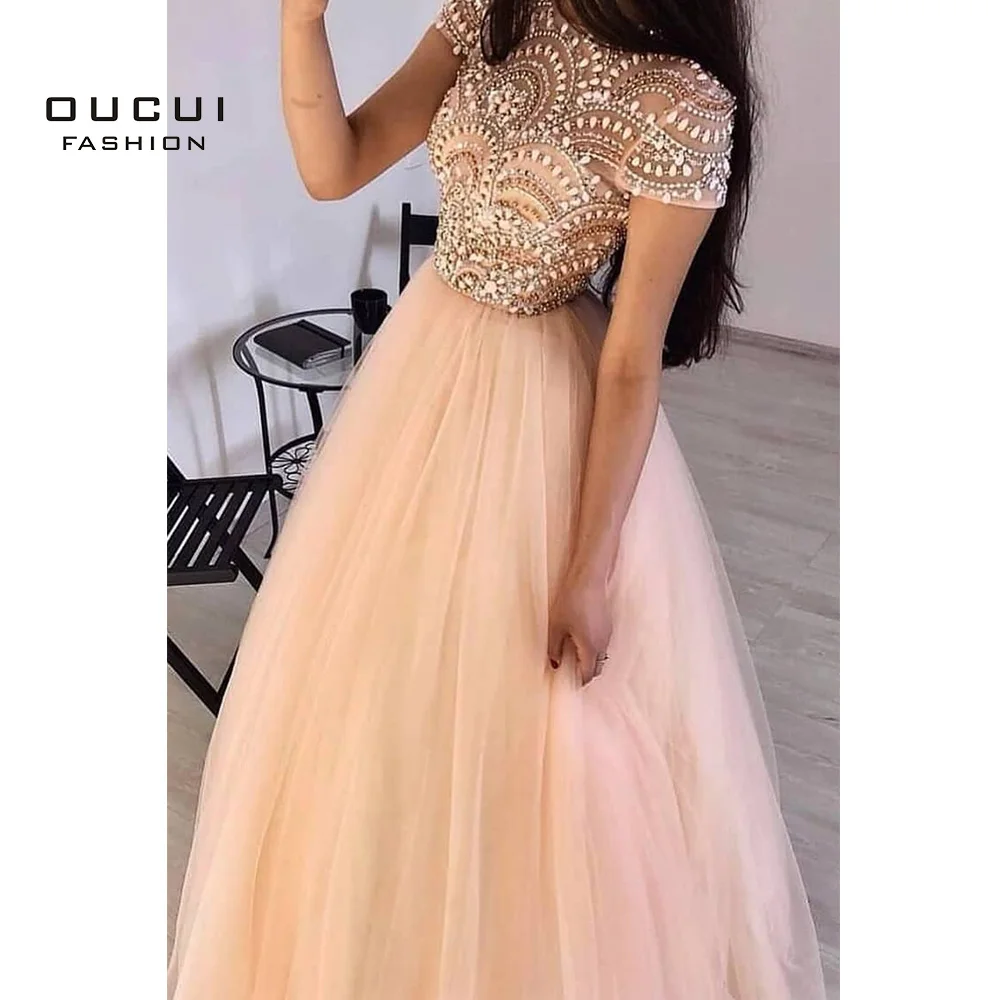 Женское длинное вечернее платье с круглым вырезом элегантное бальное из тюля