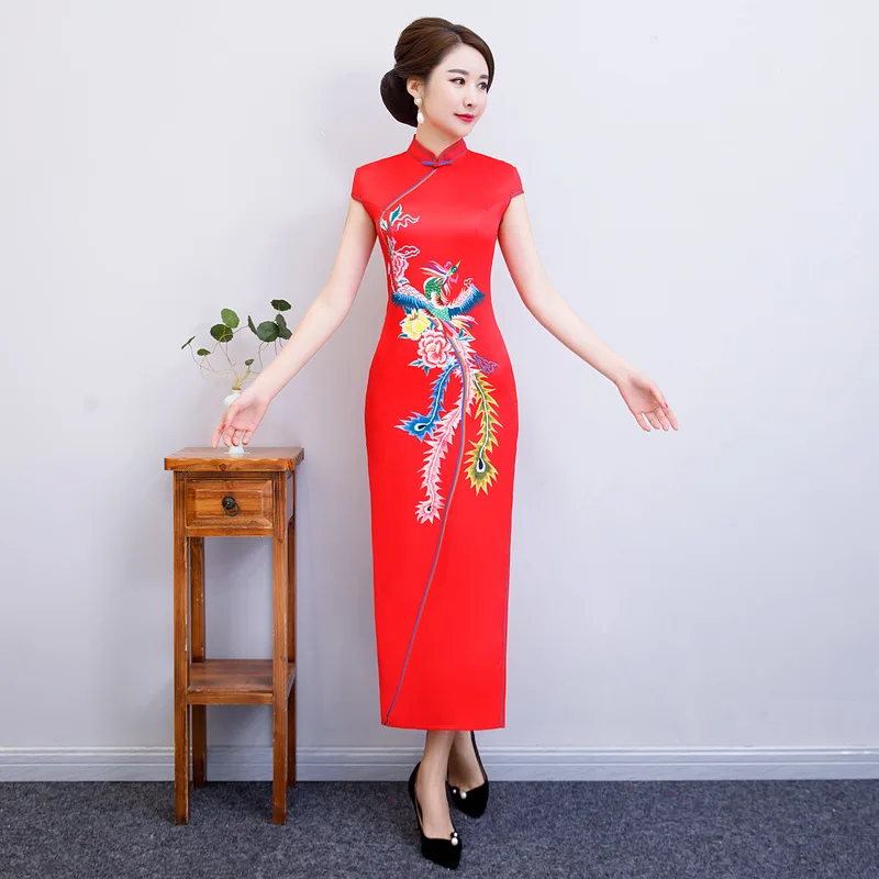 

Women Phoenix Prined Satin Handmade Button Qipao Elegant Orientale Banquet Chinese Mandarin Collar Cheongsam Oversize 4XL