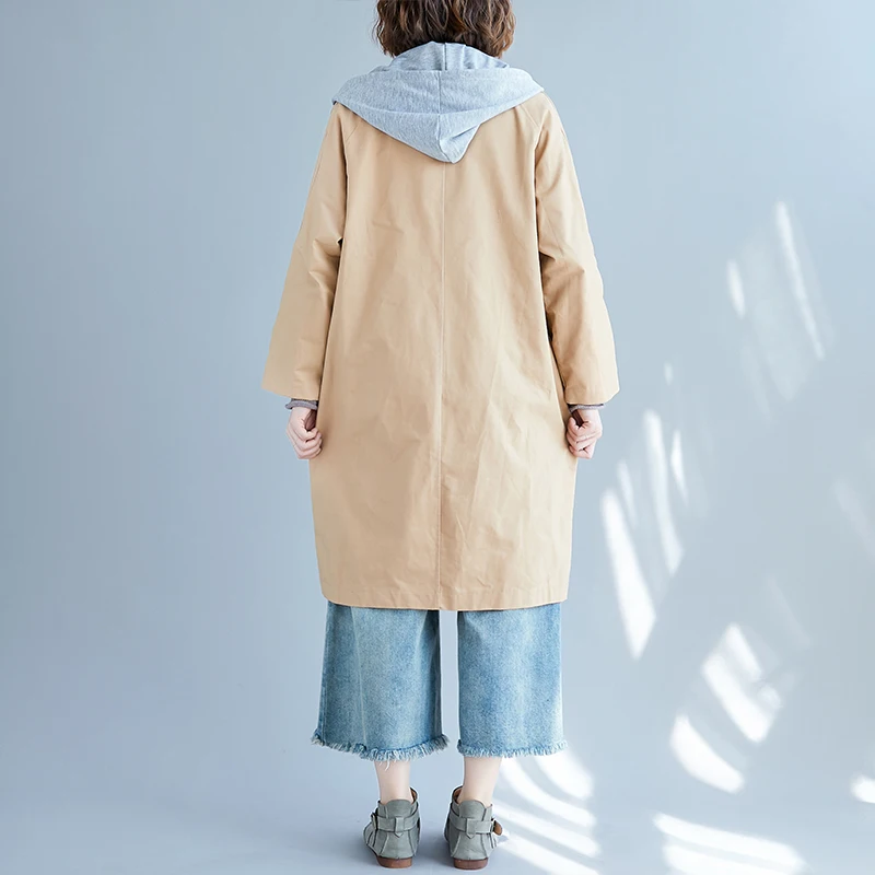 

BIG SIZE Spring Autumn Women Fashion Elegant V Neck Removable Hooded Tops Ladies Female Plus Large Long Trench Outer wear Coat