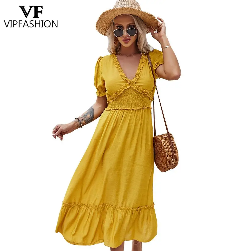 

VIP FASHION Summer Yellow Dress 2021 Elegant Solid Color Deep V-neck Women Dress Casual Sexy Slim Travel Party Streetwear