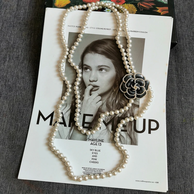 

Korean Sweater Chain Layered Pearl Necklace Pendant For Women Carmellia Flower Jewelry