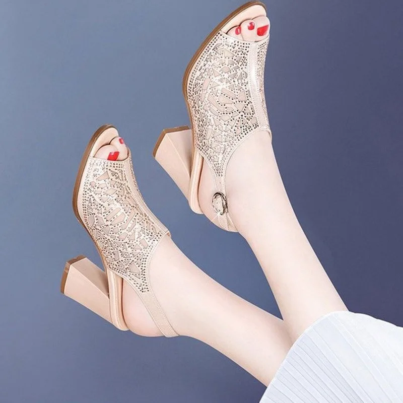 

2021 Summer Women's Sandals Mesh Fish Mouth High Heeled Shoes Dress Versatile Female Thick Heeled Sandals New Fashion Pumps