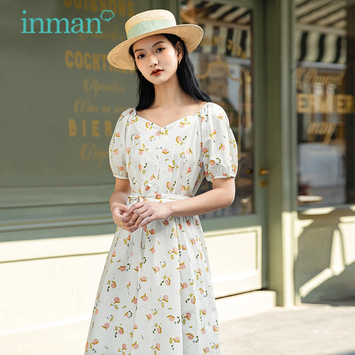 

INMAN Pastoral Style Dress Fruit Pattern Print Peach-Heart Collar Lace Half Sleeve Women Summer Elegant Vintage One-Piece