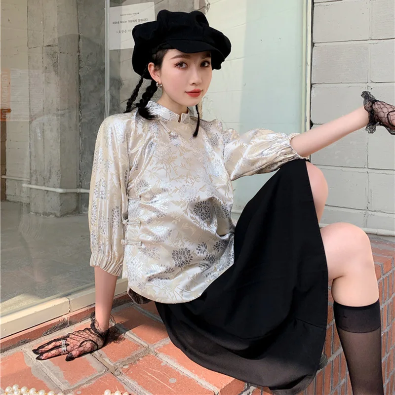 

LANMREM Women's Printed Tops Stand Collar Three-quarter Sleeves Ladies Style Shirt Fashion Trend 2021 Spring Autumn 2E1271