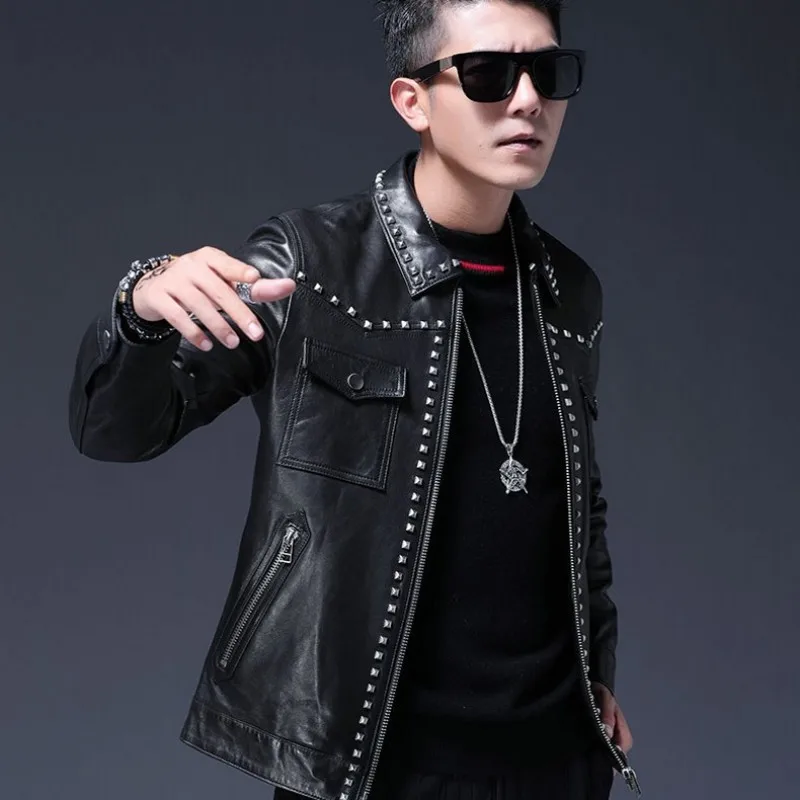 Luxury Designer Mens Sheepskin Genuine Leather Punk Rivet Jacket Slim Fit Beading Motor Biker Coats Chaqueta Cuero Hombre 4XL | Мужская