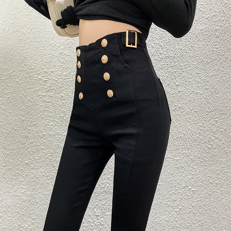 

Thick Leggings For Women High Waist Elastic Stretch Bottom Female Slim Chic Buttons Black Skinny Pencil Pants Autumn Winter
