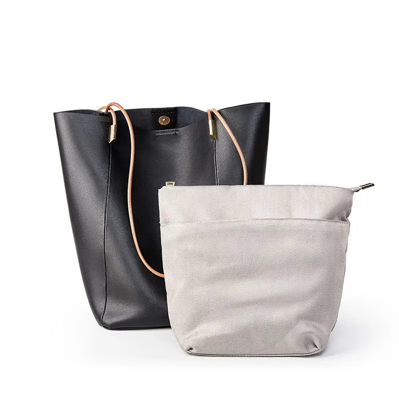 

Genuine Leather Shoulder Bag Soft Calfskin Women Handbags With A Small Makeup Bag Bucket Composite Bags Simple Ladies Tote Bags