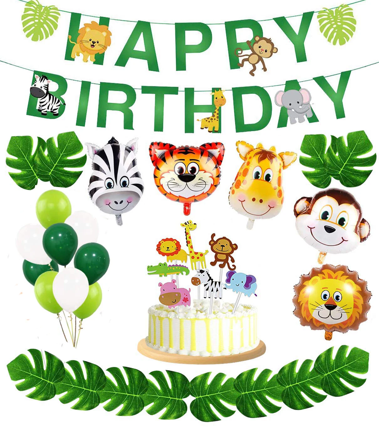 

Зеленые листья Джунгли животных День Рождения украшения с днем рождения баннер шары из латекса кекс Топпер вечерние украшения
