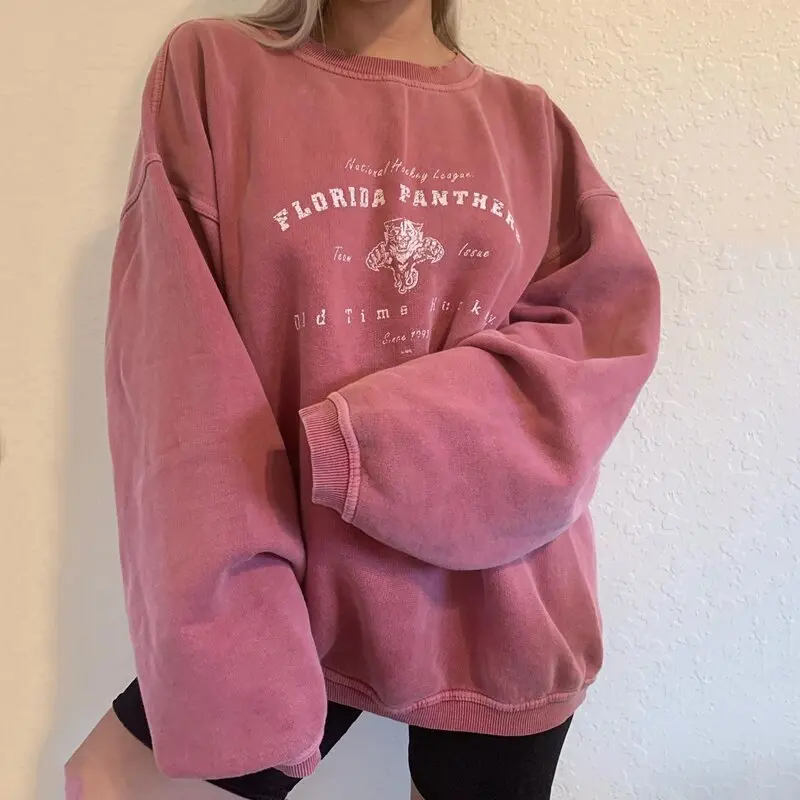 

Pink Tops Letter Printing Oversized Crewneck Sweatshirt Women Loose Vintage Harajuku Cute Long Sleeve Fashion Clothes for Teens