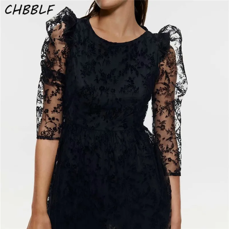 

CHBBLF women black mini dress round collar three quarter sleeve chic pleated casual lace dresses vestido XDN905