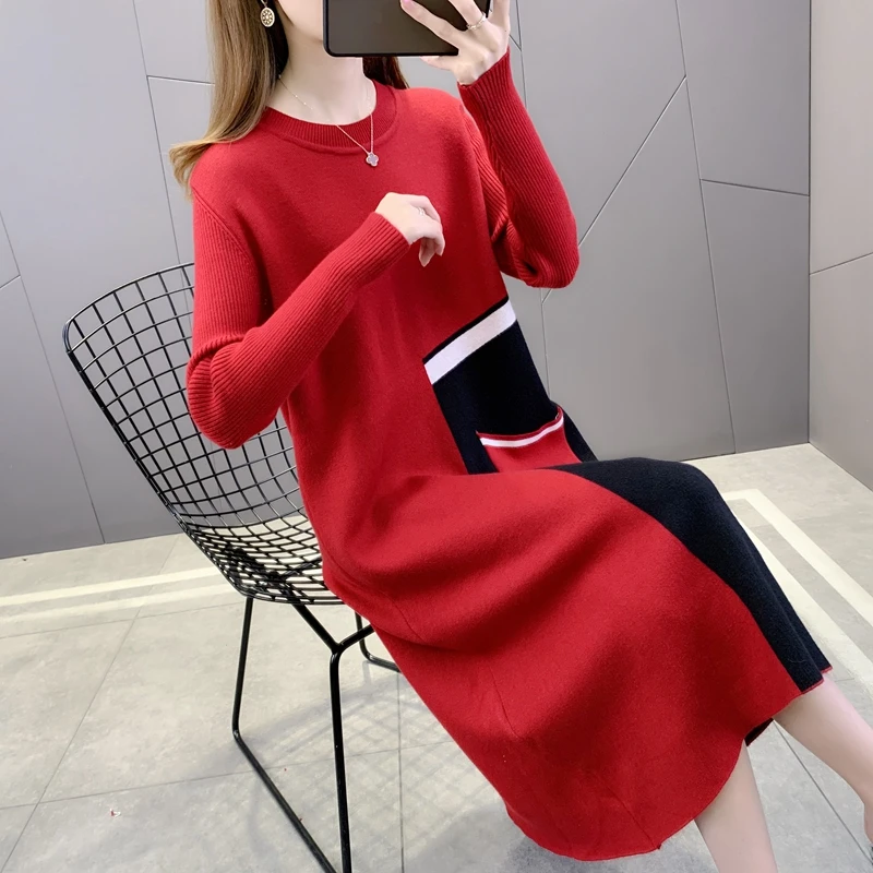 

21276 hall no. 3 in 6 】 to film pocket color matching round neck long sleeve dress [1222] 62