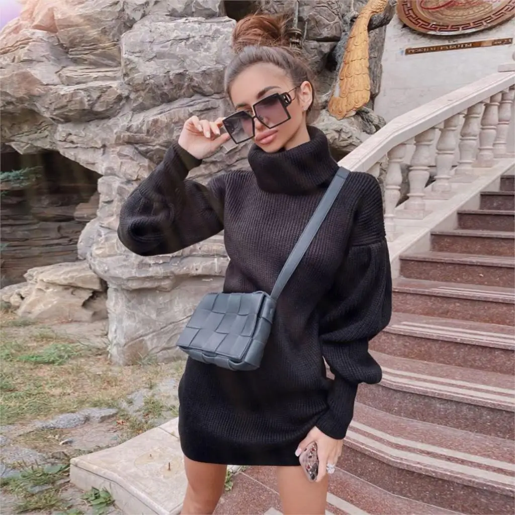 

2021 New Turtleneck Knit Sweater Autumn Winter Dress Women Lantern Sleeve Bodycon Jumper Dress Oversize Festival Sweater Dresses
