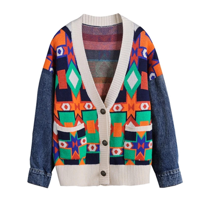 

PERHAPS U Women Green Apricot Orange Navy Knitted Patchwork Denim Geometric Long Sleeve V Neck Cardigans Autumn M0293