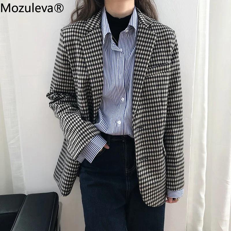 

Mozuleva 2022 Autumn Stylish Ladies Blazer Vintage Loose Women Plaid Blazer Chic Single Breasted Female Long Sleeve Suit Jackets