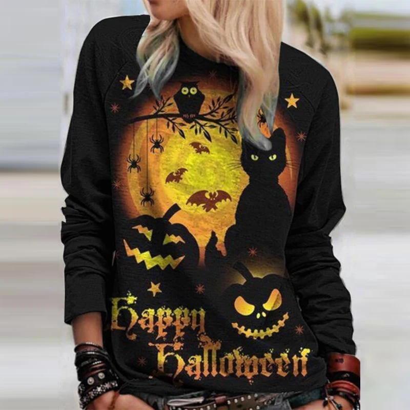 

Autumn Halloween Print Hoodies Sweatshirt 2020 Women Elegant O Neck Pullover Top Casual Female Long Sleeve Loose Streetwear 5XL