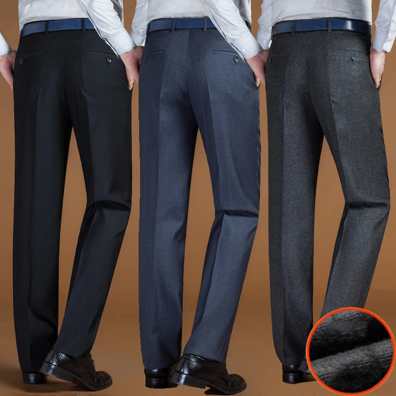 

Winter Warm Men's Thick Fleece Suits pants middle-aged men trousers anti-wrinkle business casual High waist Quality dress pants