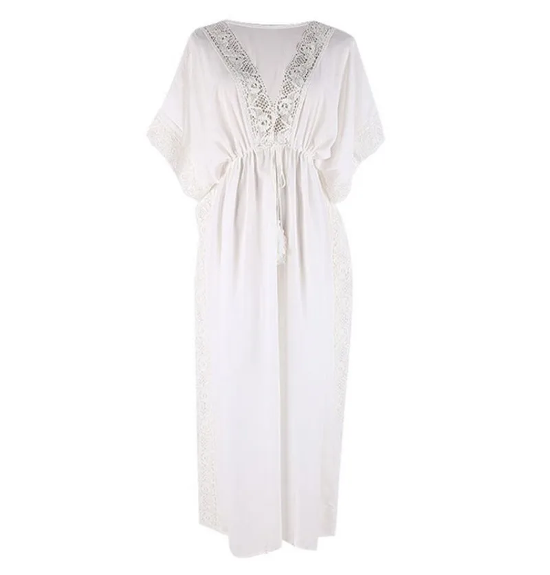 

Bikini Cover Up Bathing Suit Women Fashion Beach Pareo Bath Dress Polyester With Lace Sexy Neck High Waist Shirt Print For