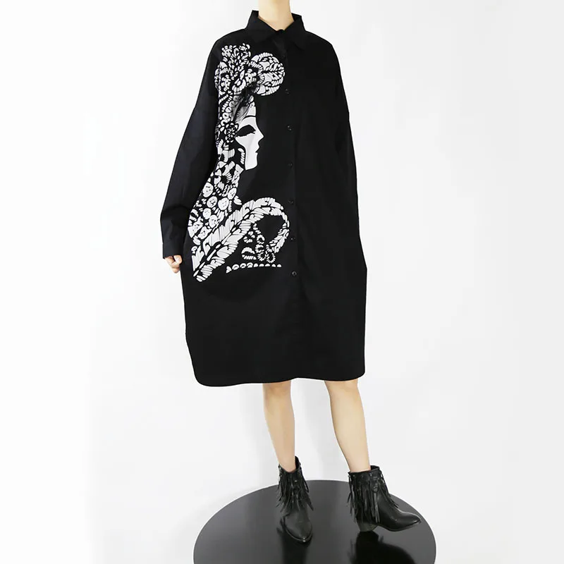 

Ladies Long Sleeve Shirt Skirt Spring And Autumn New Personality Print Design Dark Leisure Loose Medium Long Sleeve Shirt