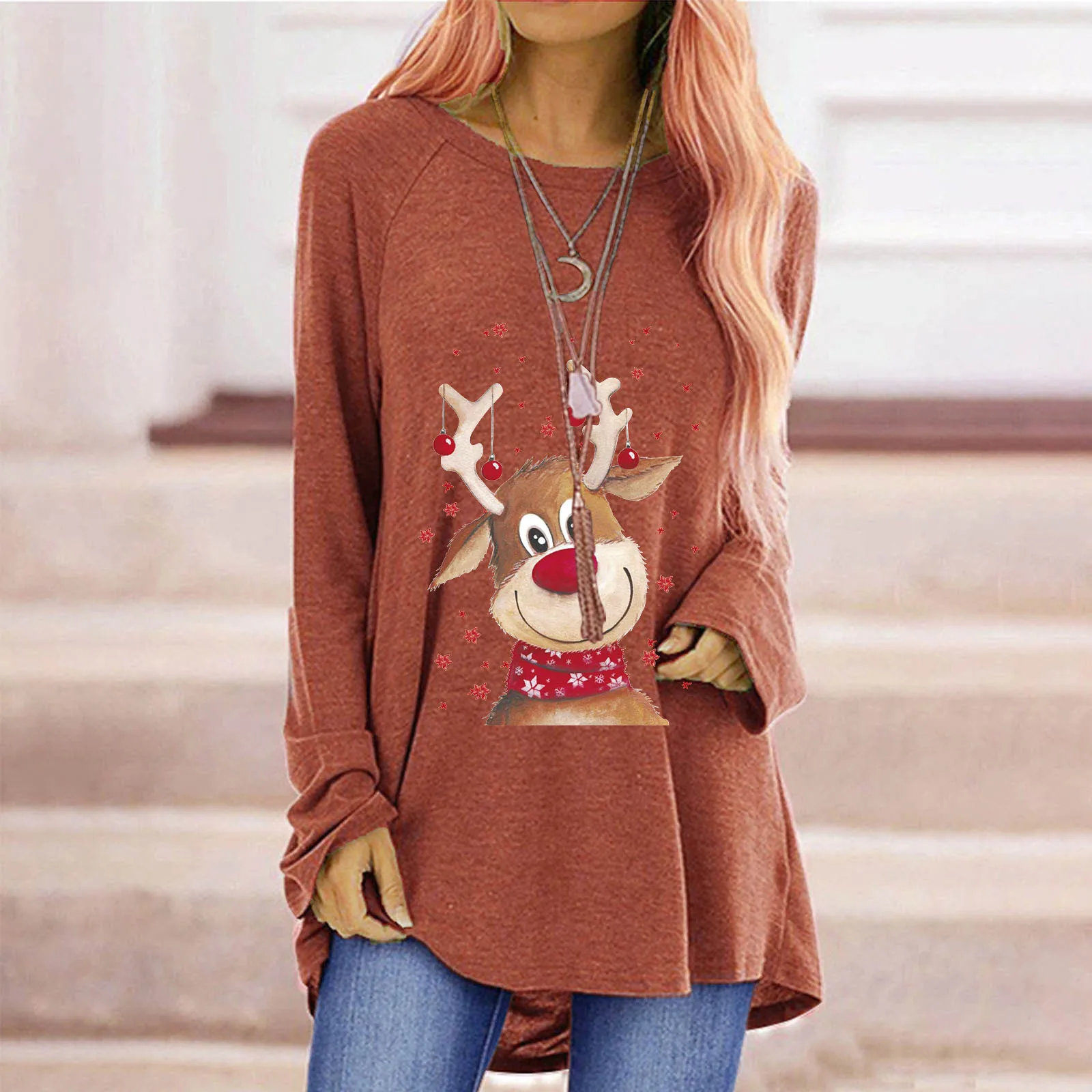 

Autumn Winter Woman T-shirts Christmas Print O-Neck Loose Long Sleeve T-shirt Top Casual Pullover Top Women Clothing mujer