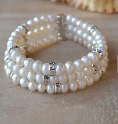 

Unique Pearl Bracelet 7-8mm 3 Strands Genuine Freshwater Pearl Rhinestone Bracelet Wedding Birthday Gift Charming Women Jewelry